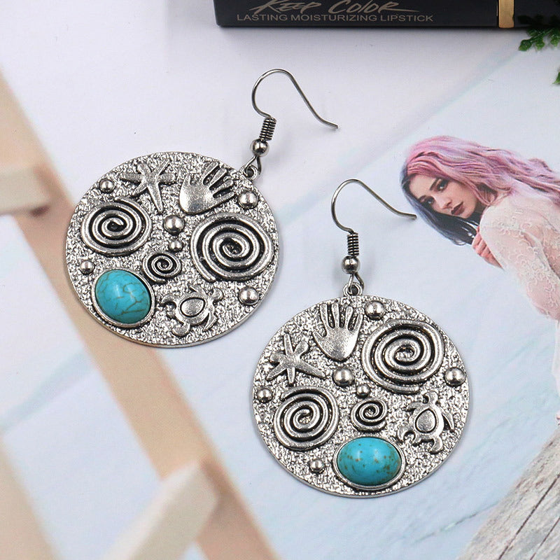 Pendientes colgantes tribales vintage de aleación de zinc con howelita - Plateados - 36 x 56 mm - NUEVO 421