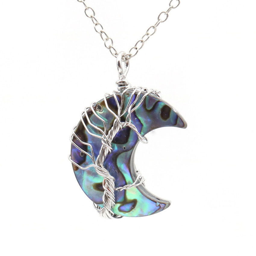 Abalone Shell Moon Pendant with MOP Backing Includes Necklace - Silver Color Plated Brass wire - 34x22mm Length 50 cm - NEW424