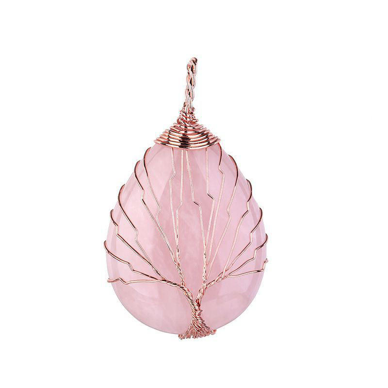 Rose Quartz Tree of Life Pendant - Teardrop - Rose Gold Color Plated