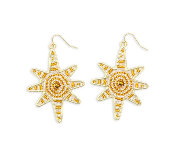 Guiding Star Beaded Earrings in Gold & White - 2.5 inch Long - - NEW424