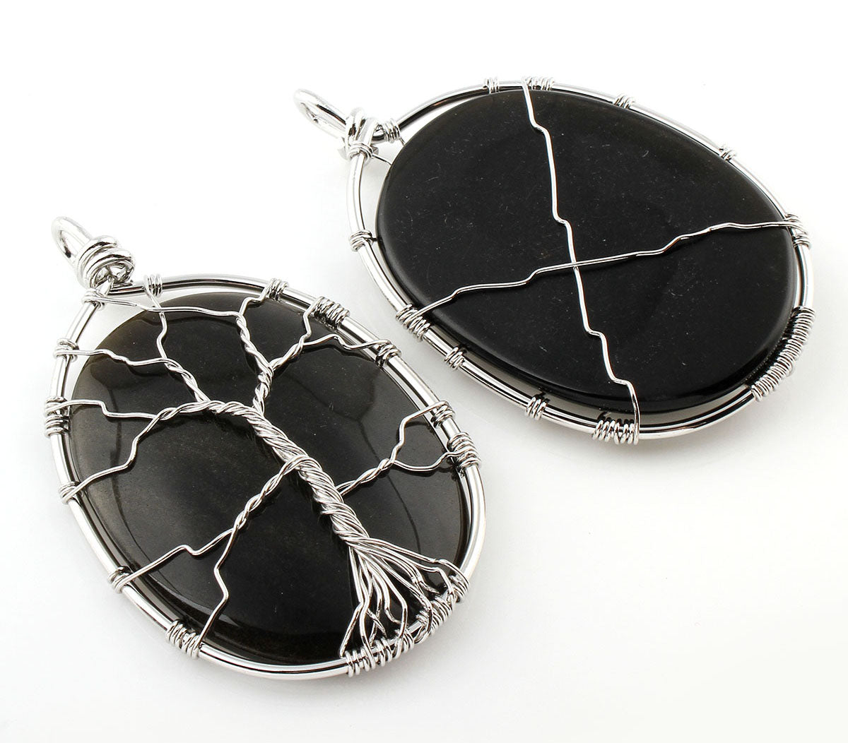 Colgante Árbol de la Vida - Latón con Obsidiana Ovalada - Baño de color platino