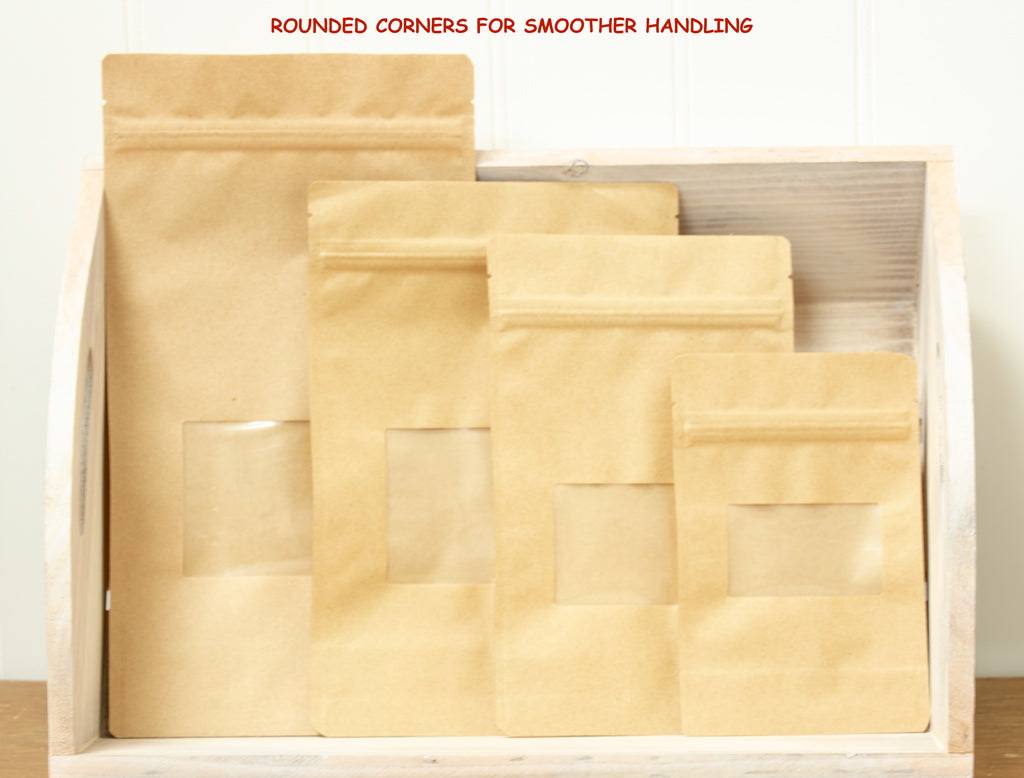 PK/100 - Bolsas de barrera verticales - Kraft con ventana - 5 x 8 x 2,5 pulgadas 4 oz.