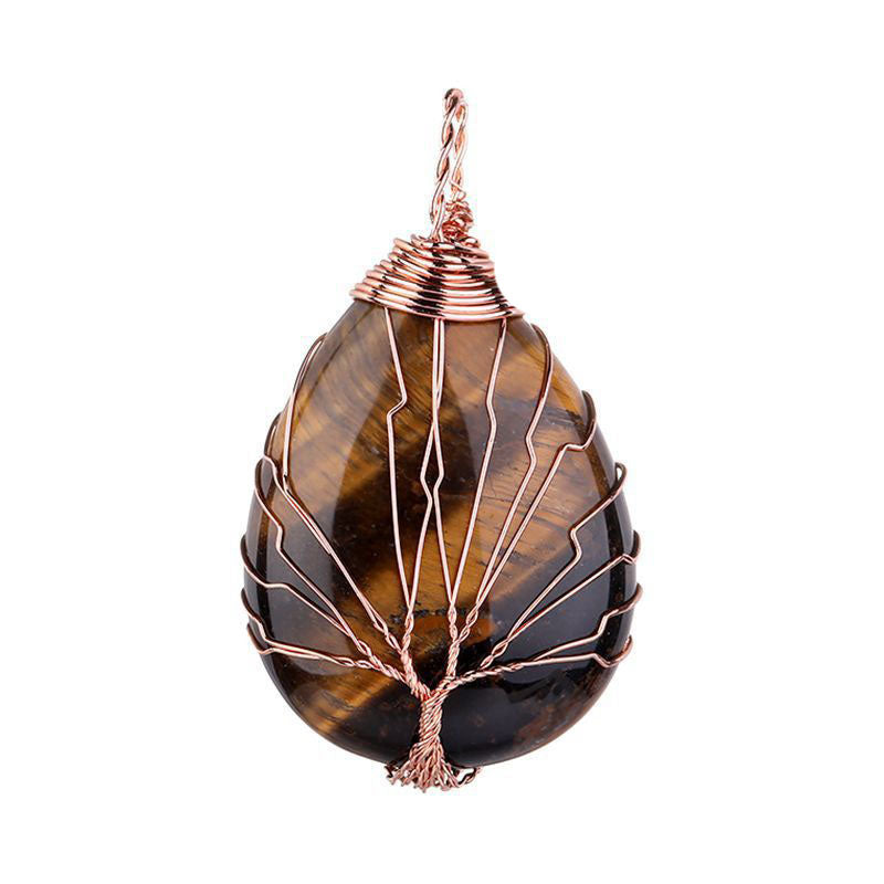 Tiger's Eye Tree of Life Pendant - Teardrop - Rose Gold Color Plated