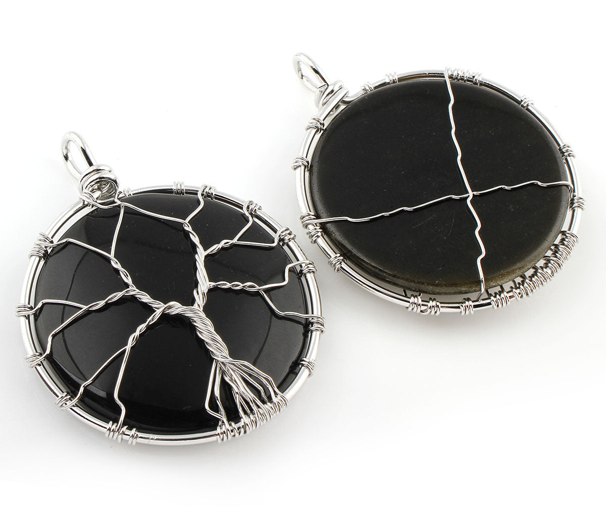 Colgante Árbol de la Vida - Latón con Obsidiana Redonda - Baño de color platino