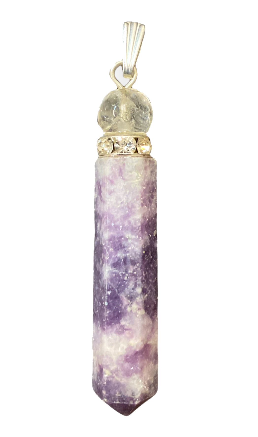 Colgante de lepidolita con punta de lápiz, esfera y anillo de diamantes - 40 mm, 20 g - NUEVO 1021