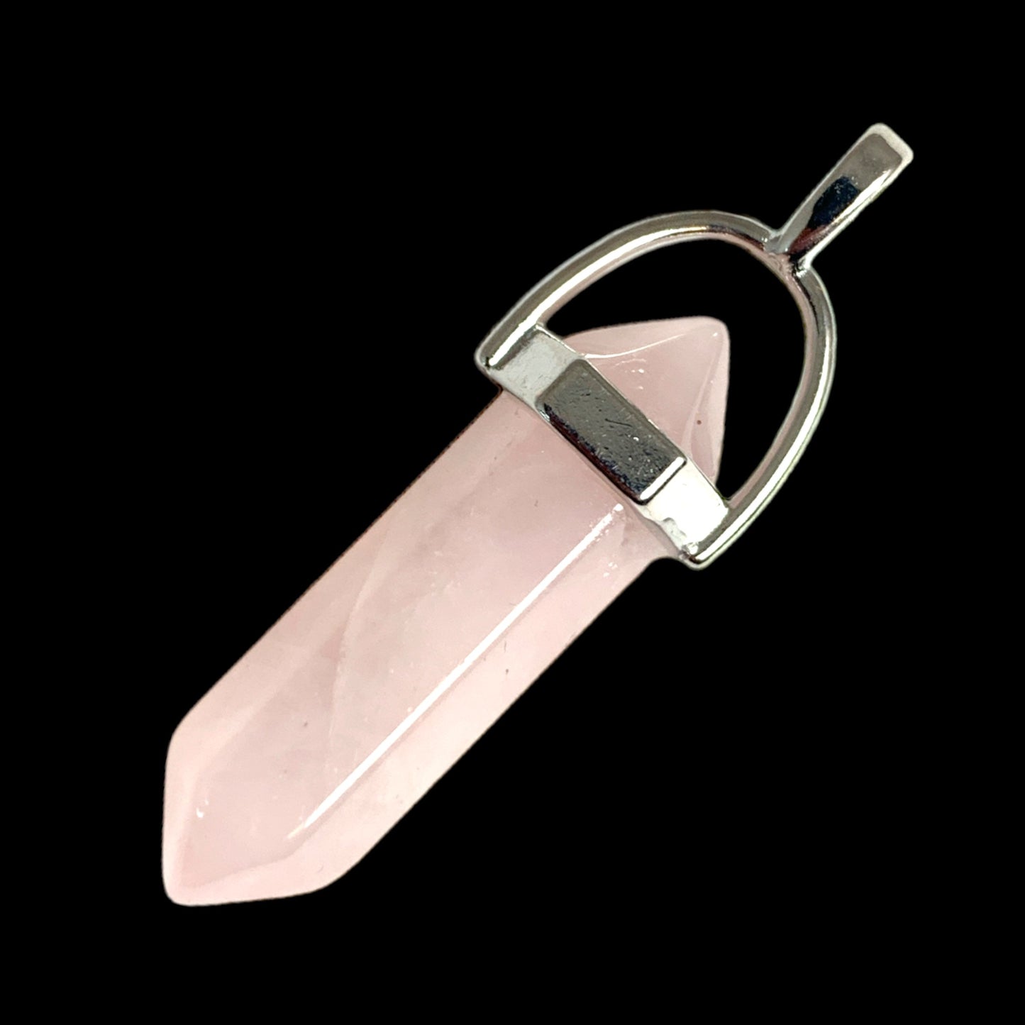 Colgante de cristal de cuarzo rosa - Asa de latón bañada en platino