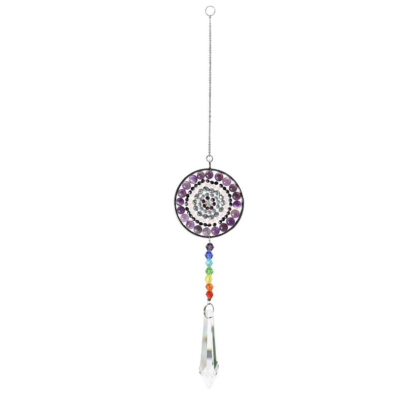 Percha de cristal K9 con cuentas de chakras y piedras preciosas moradas, vidrio transparente - 14,9 pulgadas - NEW523