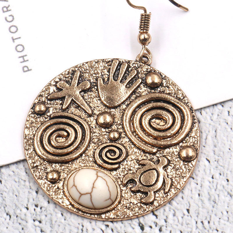 Pendientes colgantes tribales vintage de aleación de zinc con howelita - Dorados - 36 x 56 mm - NUEVO 421