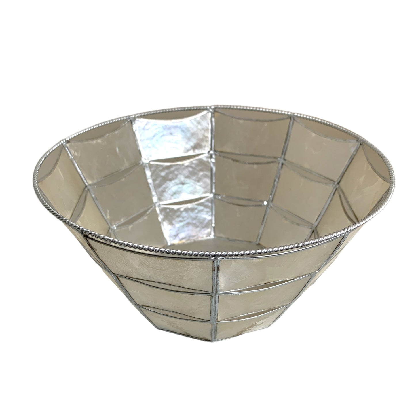 CESTA CAPIZ BLANCA CON PLATA - REDONDA 7-5 pulgadas de diámetro