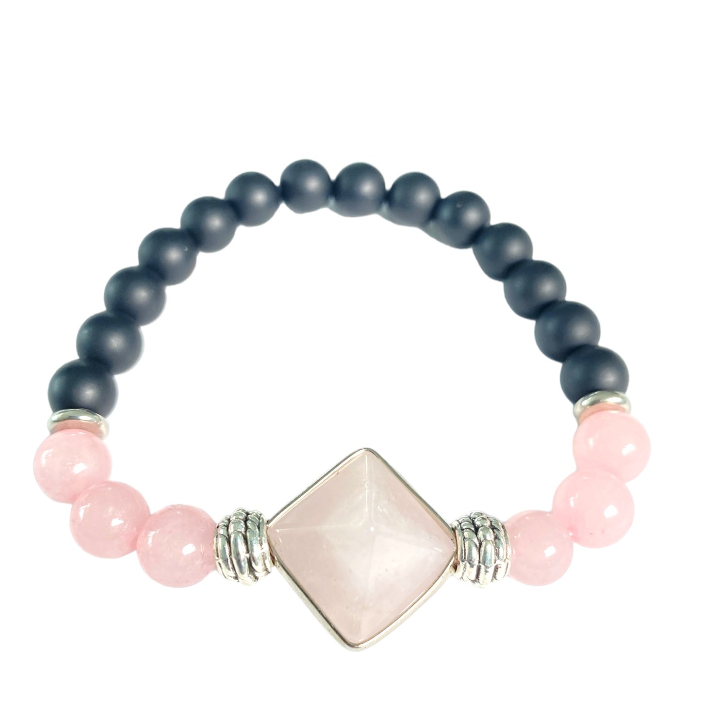 Pulsera de cuentas negras con cuentas piramidales de cuarzo rosa de 16 mm y cuentas de ágata negra de 8 mm (aprox. 18 cm)