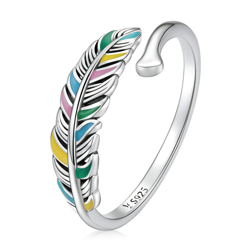 Anillo ajustable con pluma - Plata de ley 925 - Esmalte de colores - NUEVO622