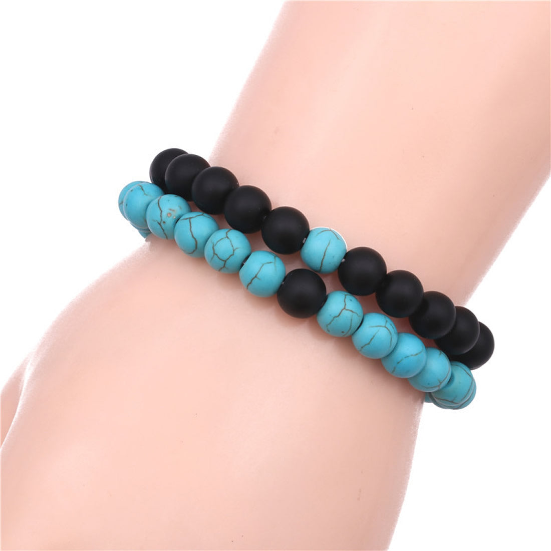Set of 2 - Gemstone & Wood Bracelet - 8mm 7.5 Inch - Blue Turquoise