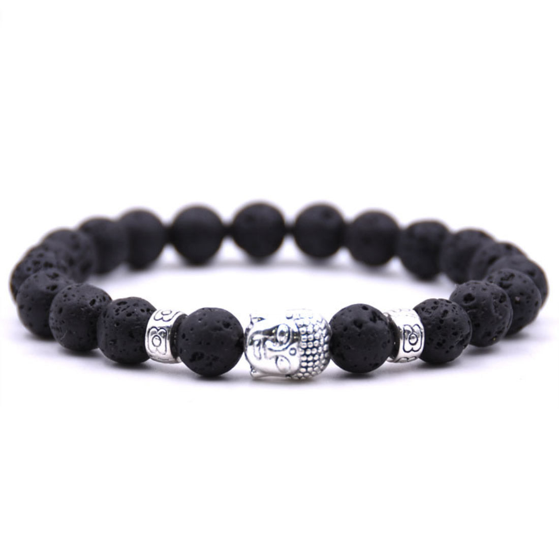 Pulsera de lava con Buda de aleación de zinc, chapada en plata antigua, cuentas de 8 mm (aprox. 19 cm)