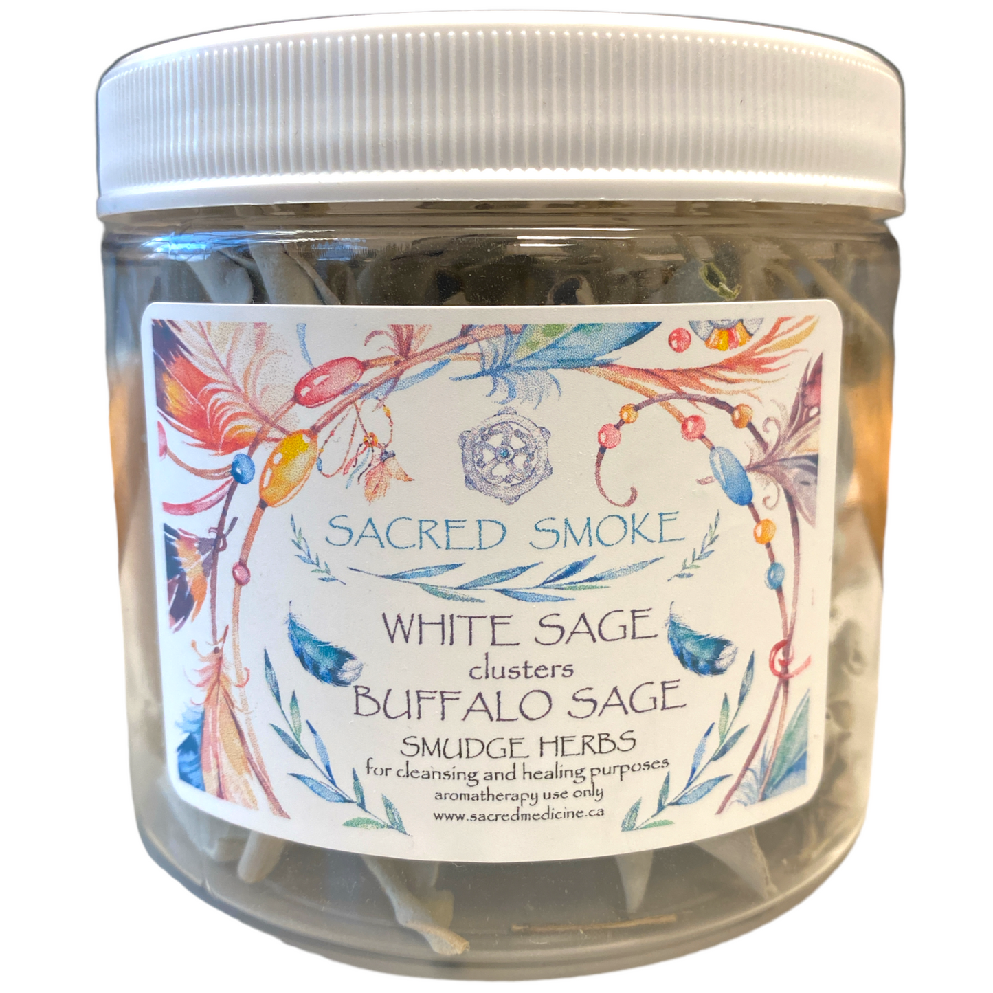 Racimos de salvia blanca y hojas sueltas con concha pequeña de abulón - Frasco de 2 oz - Sacred Smoke - NEW123 Smudge Supplies
