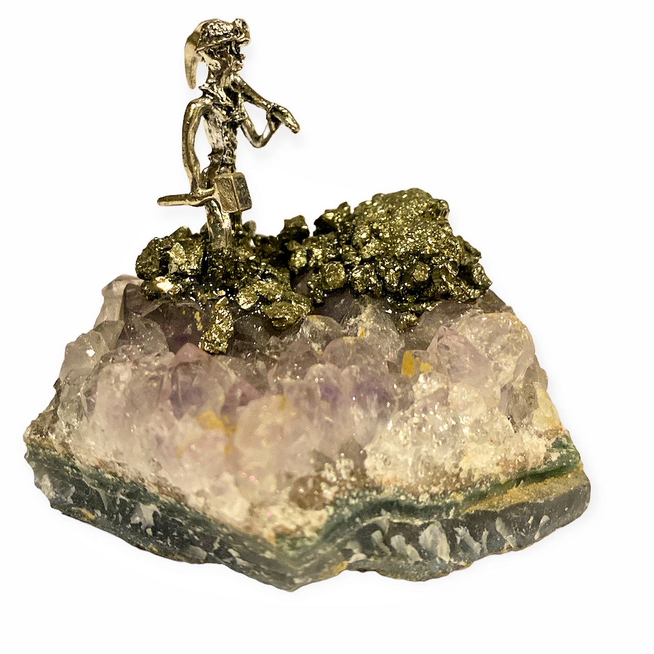 Buscadores de oro y mineros en grupo de amatistas con pirita - 6,3 x 4,3 cm - China - NEW1122