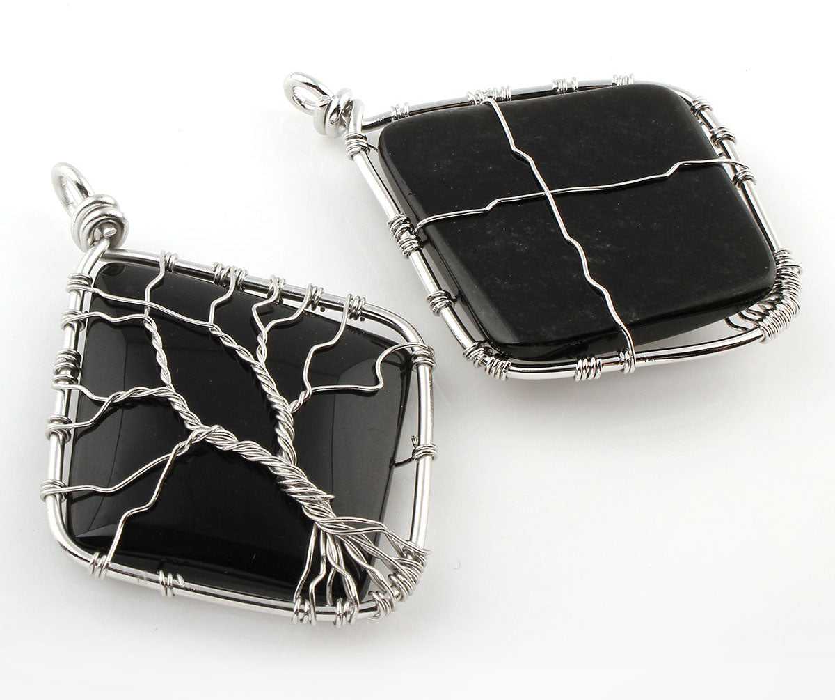 Colgante Árbol de la Vida - Latón con Diamante Obsidiana - Baño de color platino