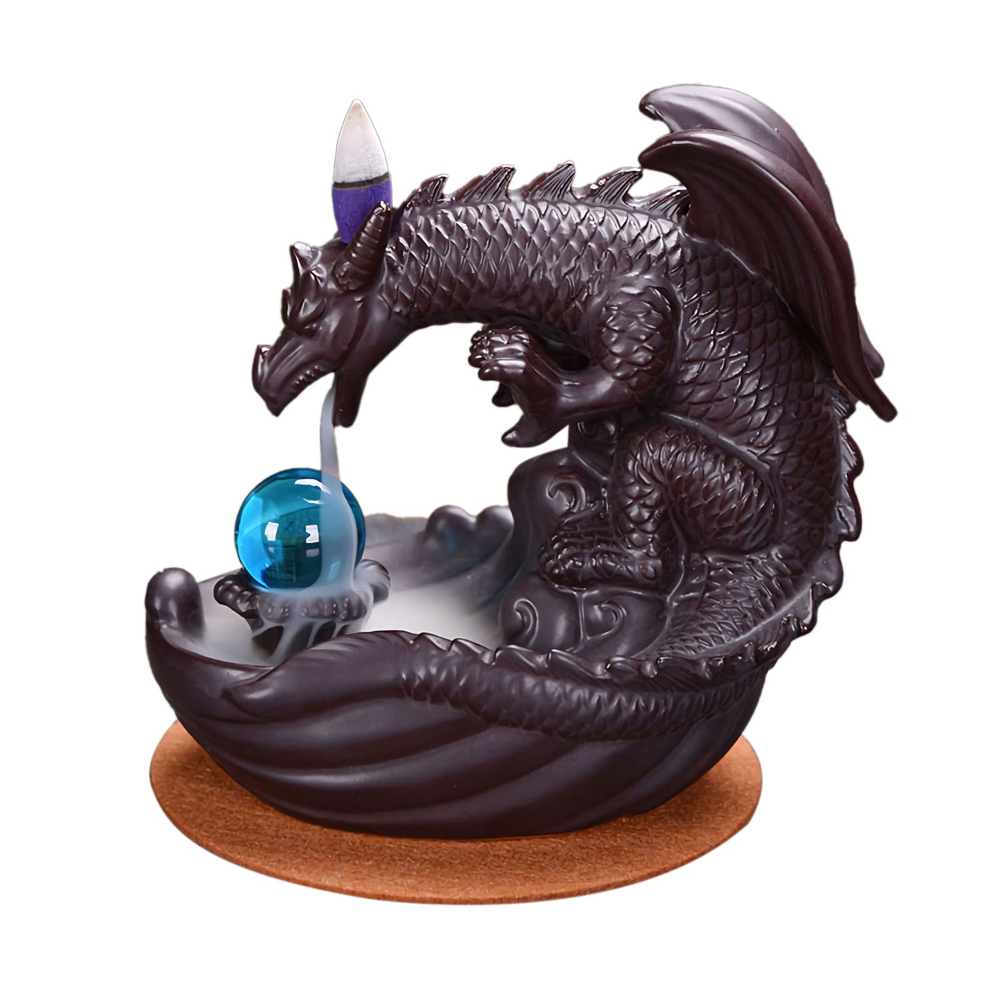 Dragon Backflow Incense Burner with Blue Glass Sphere Ceramic - Black - 16.5x10x15.5cm - NEW424