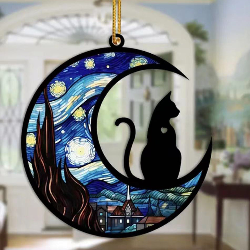 Adorno de gato en cuerda con vitrales de cielo azul - Empacado en China (10 unidades) - NUEVO 125