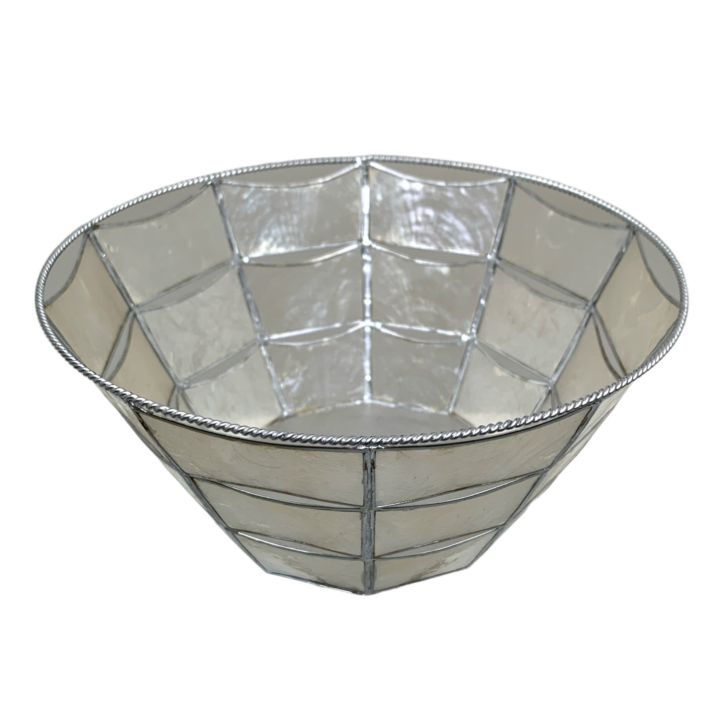 CESTA CAPIZ BLANCA CON PLATA - REDONDA 10 pulgadas de diámetro