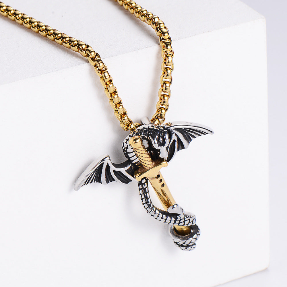 Stainless Steel Dragon with Sword with 60cm Golden chain - Silver Color - 45x41mm 17 grams - NEW922
