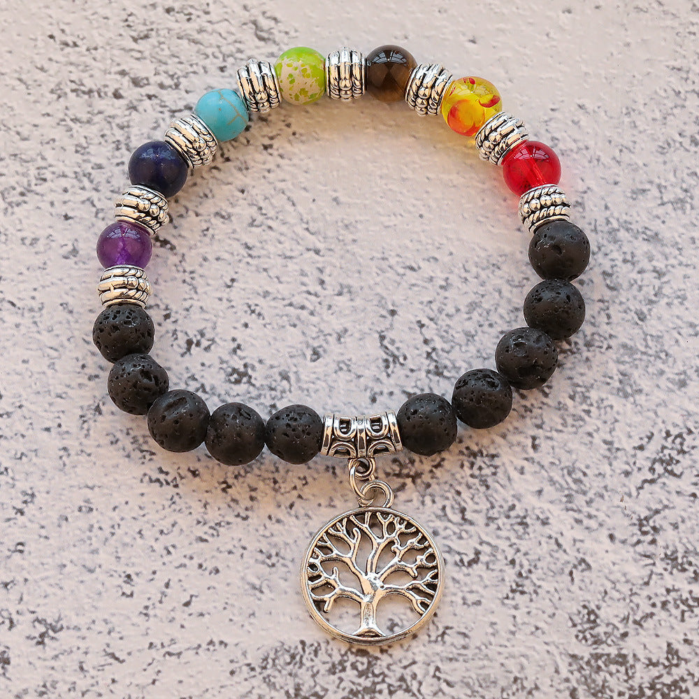 Pulsera de piedras preciosas del Árbol de la Vida de los Chakras con cuentas de lava negra - 8 mm de largo, 7,5 pulgadas - NEW922