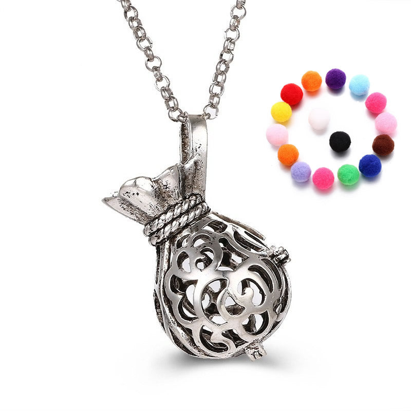Money Bag BOLA Brass Pregnant Locket Sweater Necklace with Sponge - Silver Plated - Essential oil diffusion & Rolo chain - lead & cadmium free - 31 Inch - NEW1023