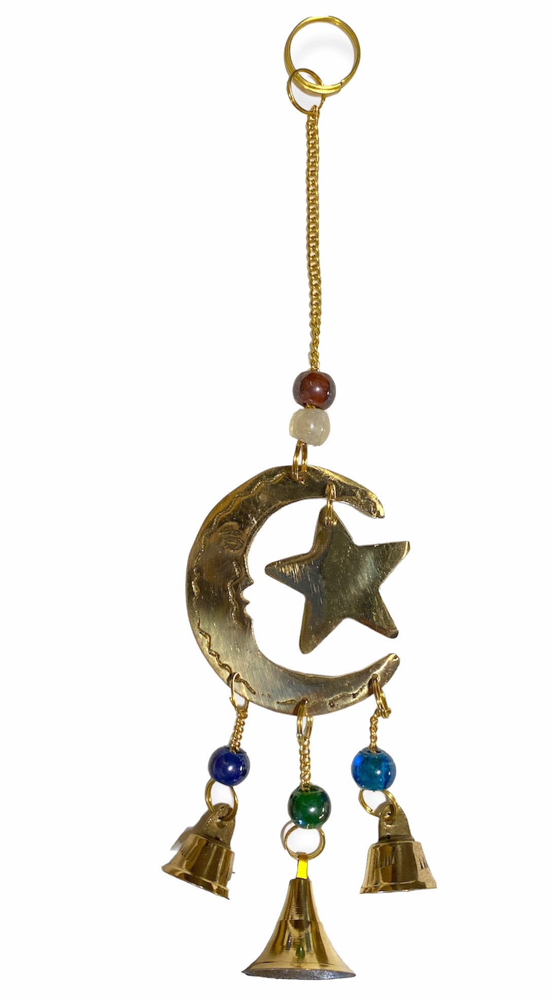 Campanilla de viento de latón con diseño de estrella y luna - 23 cm - India - NEW922