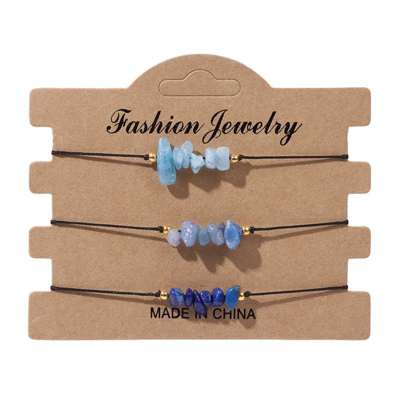 Conjunto de 3 pulseras ajustables con chips de piedras preciosas - Azul - NUEVO 523