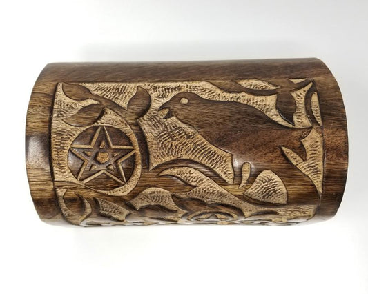 Raven & Pentagram Carved Round Top Wood Box - 8 L x 5 W x 4.5 inch High - NEW421