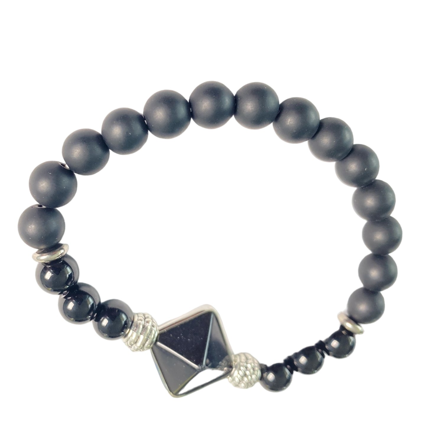 Pulsera de cuentas de ágata negra y lava con cuenta piramidal de ágata negra de 16 mm y cuentas de lava de 8 mm y ágata negra (aprox. 18 cm)