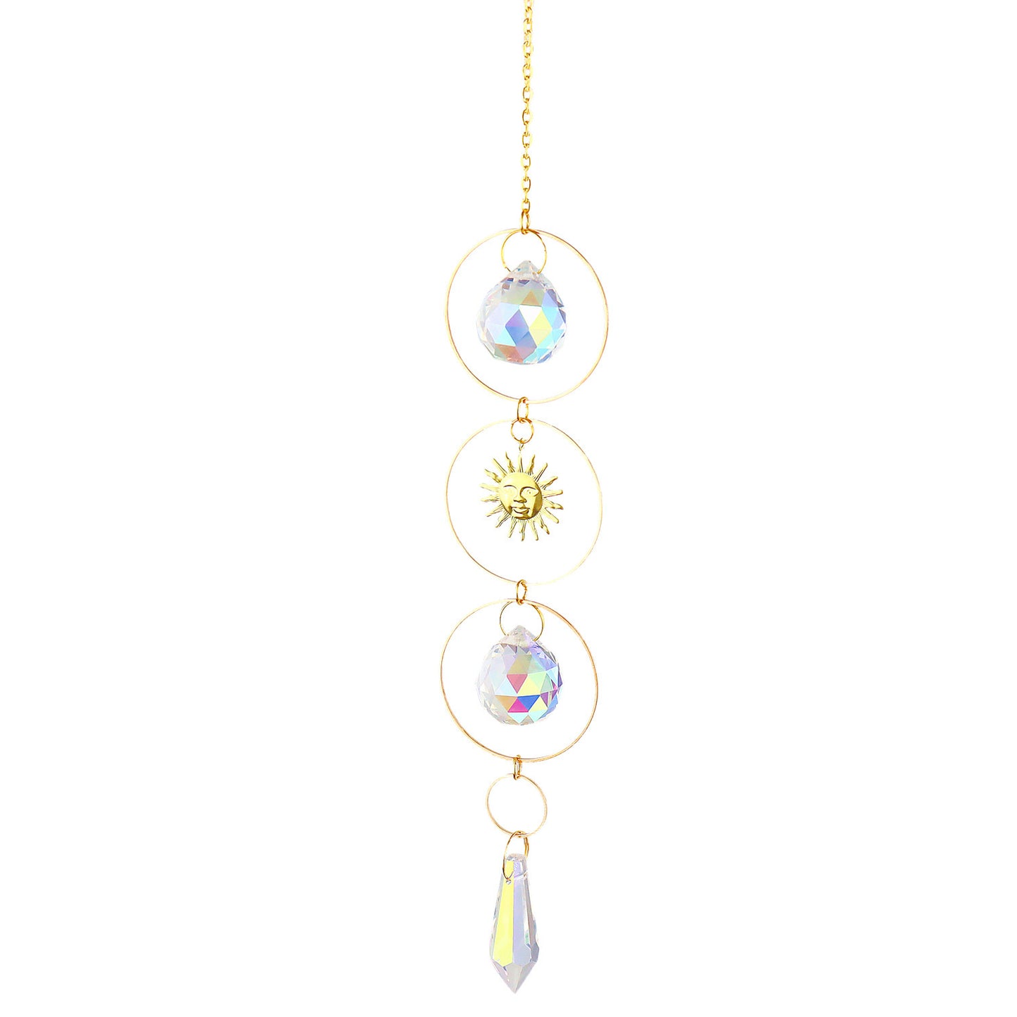 Colgante de cristal K9 Aura con lunas llenas en dos anillos con diseño de sol y punta de latón - Largo 1 pulgada - China - NEW911