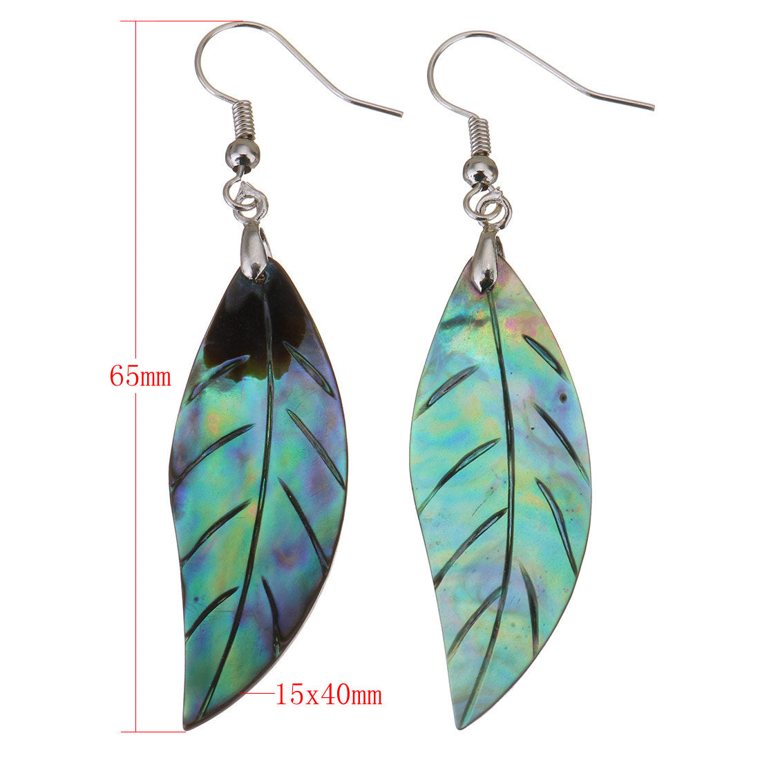 Pendientes de concha de abulón con diseño de hoja y ganchos de latón - 65 mm x 15 x 40 mm - NUEVO 1120