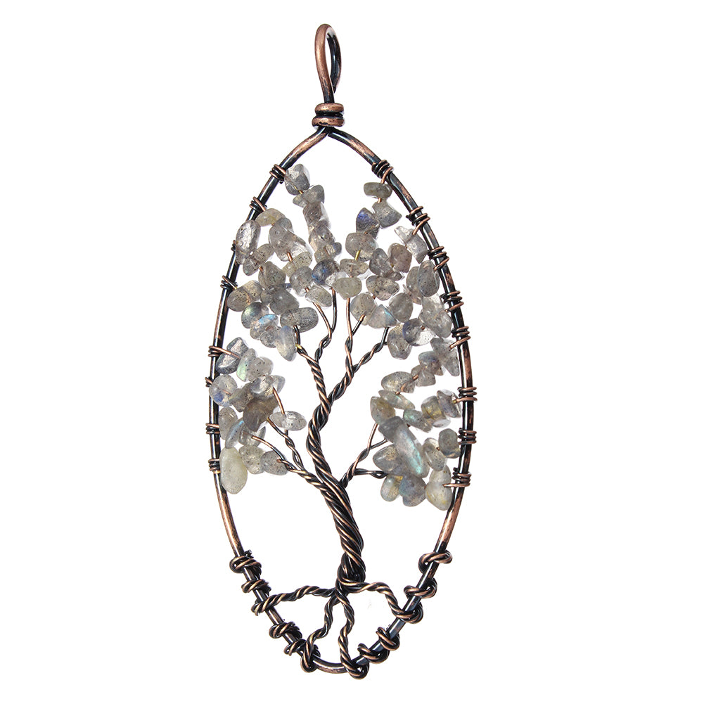 Colgante del Árbol de la Vida - Latón con labradonita, chapado en cobre antiguo
