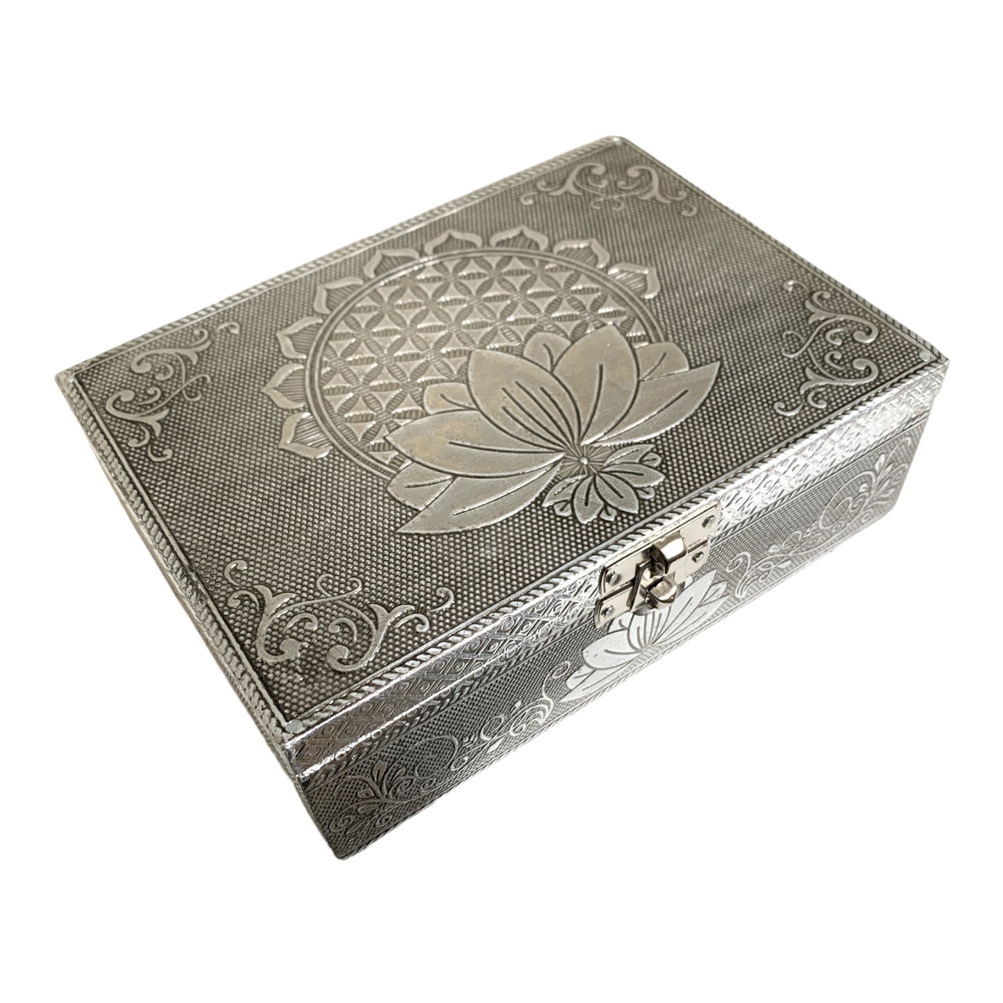 LOTUS Box - Carved METAL Over Wood - 4.75 x 6.75 inch - NEW1221