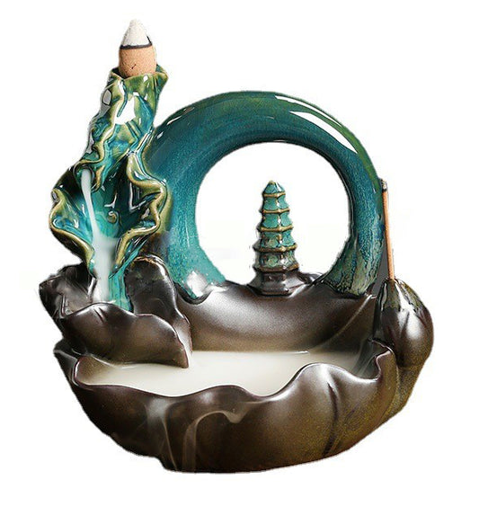 Temple Backflow & Incense Stick Burner Ceramic Half Glazed - 14x12.6x13cm - NEW324