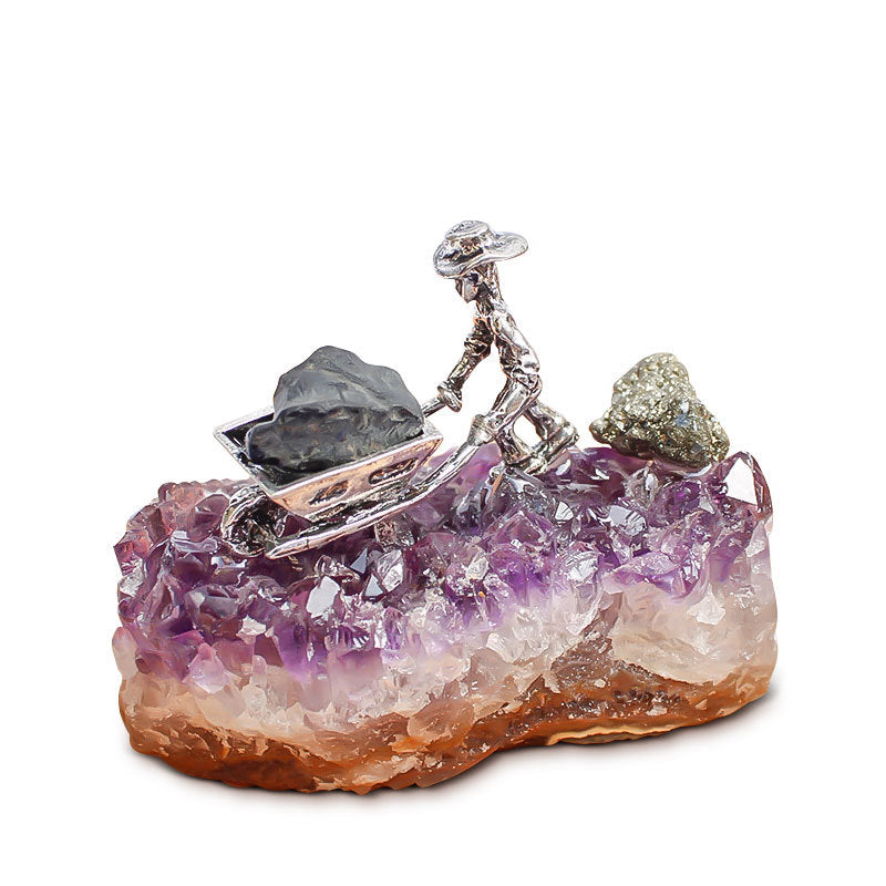 LARGE assorted GOLD PANNERS & MINERS ON AMETHYST CLUSTER - 6.3 x 4.3 cm - China - NEW1122