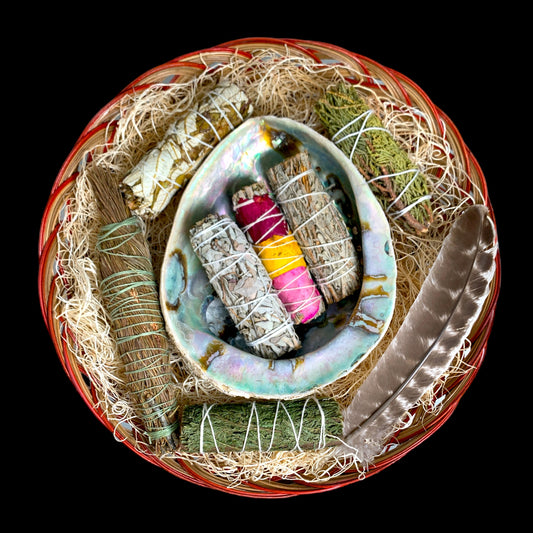 Deluxe Large Smudge Kit in Woven Basket with Midae Abalone & 4 inch smudge samplers - NEW523