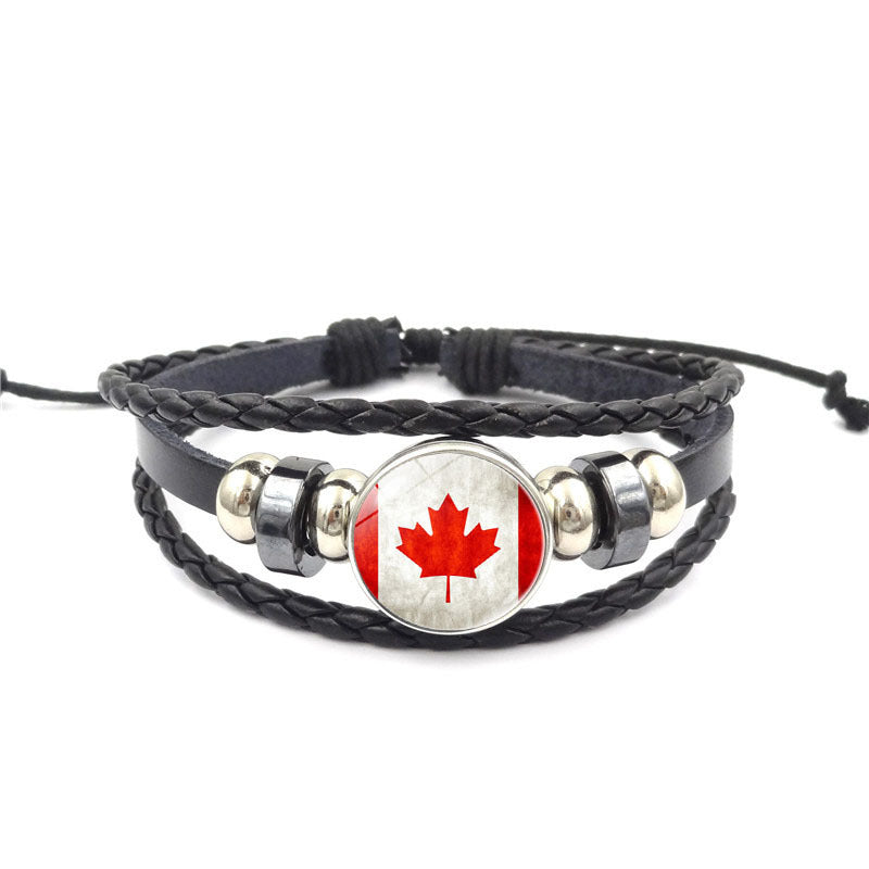 Pulsera de cuero unisex con dije de bandera de Canadá en vidrio