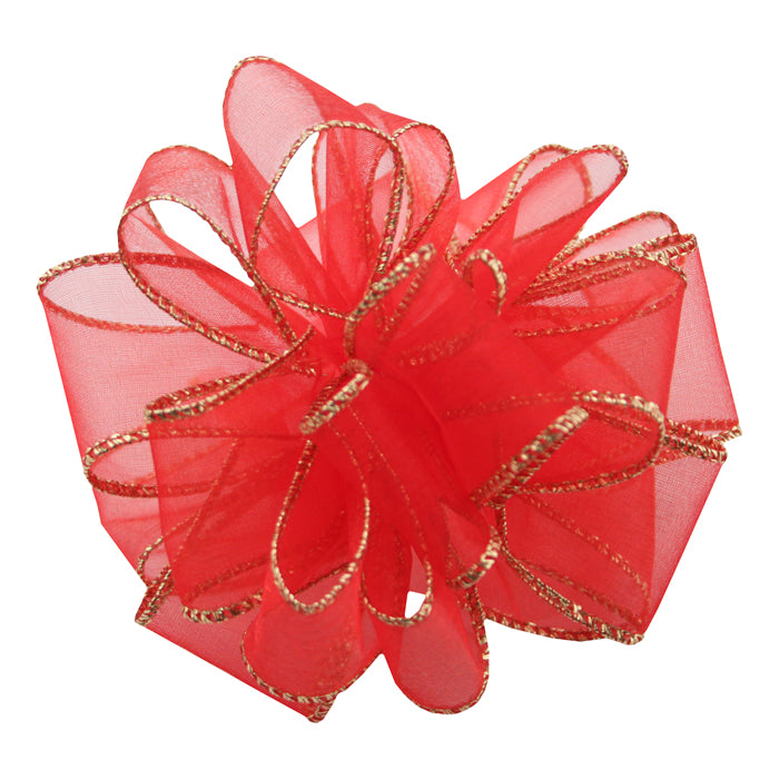 Cinta de alambre Sheer Essence - Rojo festivo con borde dorado - 1,5 pulgadas x 50 yardas