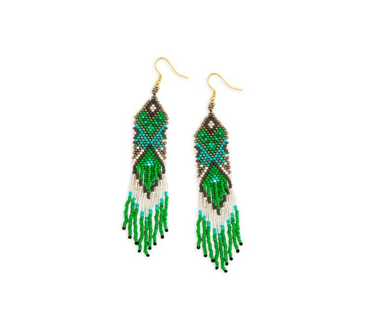 Seashanty Glass Bead EARRING - 4 inch Long - Green, White & Turquoise - NEW424