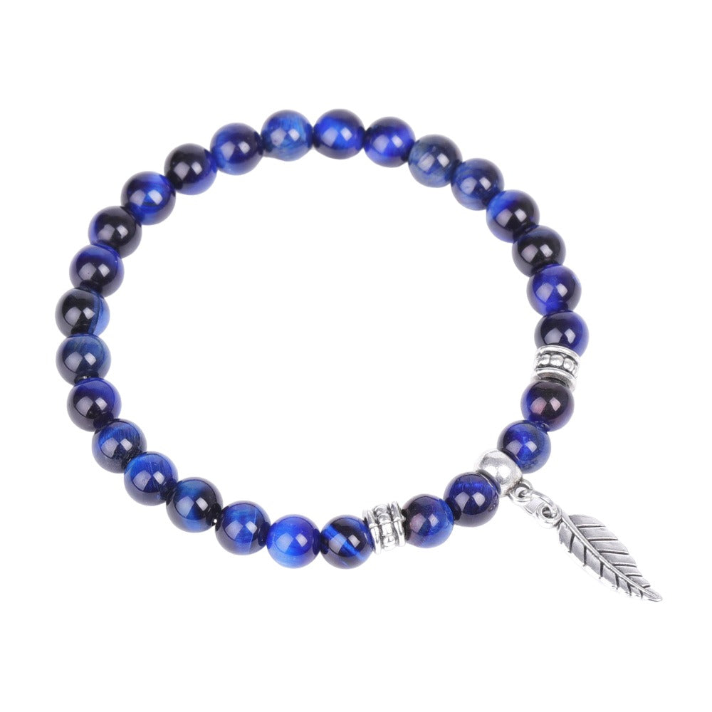 Pulsera de ojo de tigre azul con dije de pluma - 6 mm (7,5 pulgadas) - NEW523