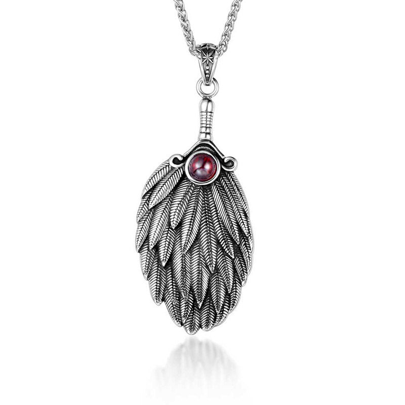 Colgante de pluma de titanio nórdico de acero inoxidable pulido estilo punk con diamantes de imitación (76,5 mm x 34,2 mm)