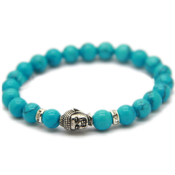 Mala de muñeca, piedra preciosa TURQUESA VERDE con aleación de zinc, Buda, chapado en color plata antigua, joyería natural y budista, 8 mm aprox. 7 pulgadas