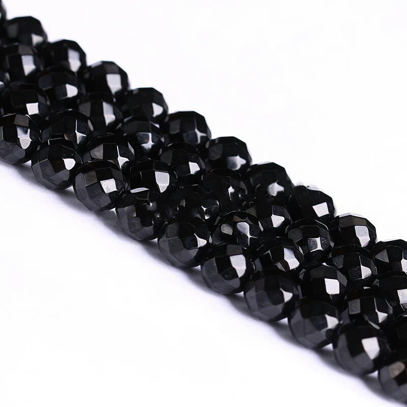 6mm Black Agate Facetted Round Beads - about 64 beads Per strand 14 inch Long - 10 grams - NEW424