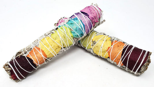 White Sage with Chakra Color Rose Petals - 7 inch Sticks - NEW1120