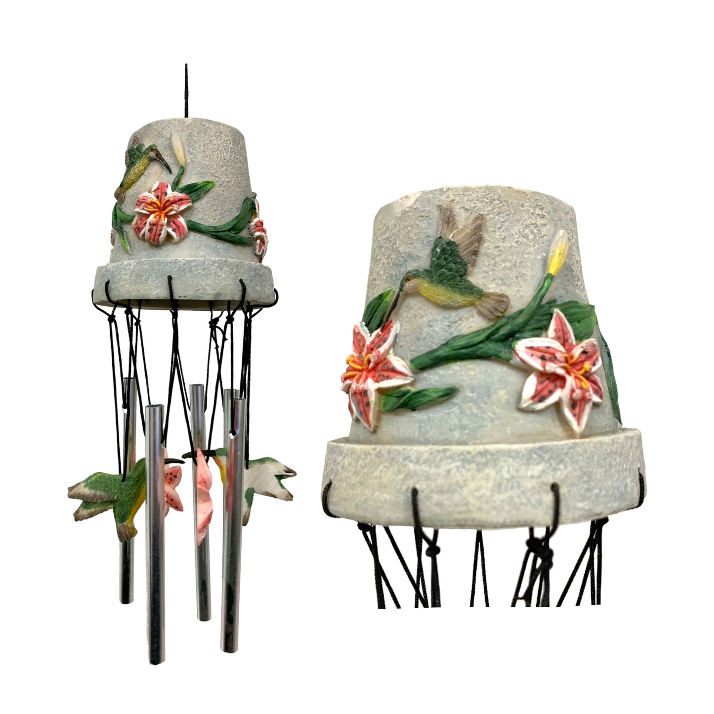 CAMPANA DE VIENTO PARA MACETA - 30 CM - COLIBRÍES Y LIRIOS