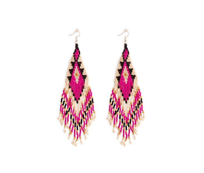 Pendientes de cuentas de vidrio Leh-onaki - 8,9 cm de largo - magenta, ébano, blanco, dorado - NUEVO424