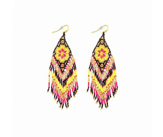 Heart Bloom Glass Beaded Earrings - 3.25 inch Long - yellow, magenta, black & gold - NEW424