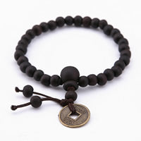 Mala de madera con moneda de latón - Pulsera budista unisex - Pequeña - 6-6,5 pulgadas -