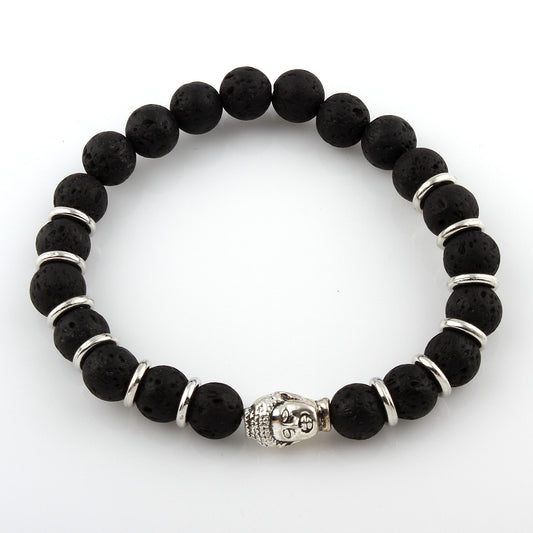 Wrist Mala, Lava & Zinc Alloy, Buddha, antique silver color plated, natural & Buddhist jewelry, 8mm Approx. 7.9inch